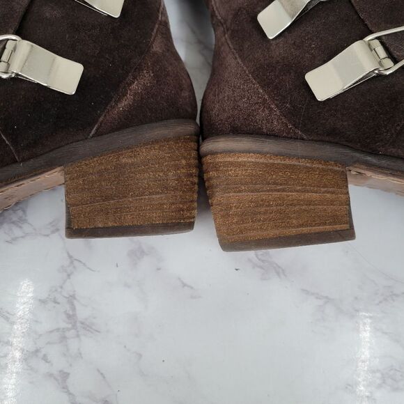Donald J Pliner Dorria Brown Suede Silver Buckles Mid Calf Block Heel Boots - Picture 7 of 15